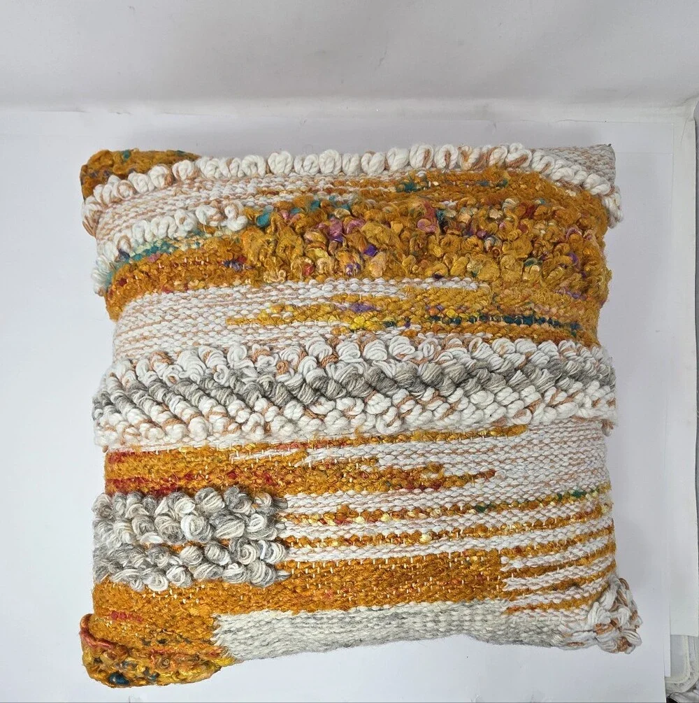 Pier 1 Mustard orange & Cream Textured Throw Pillow yarn/Knit/ Boho 16